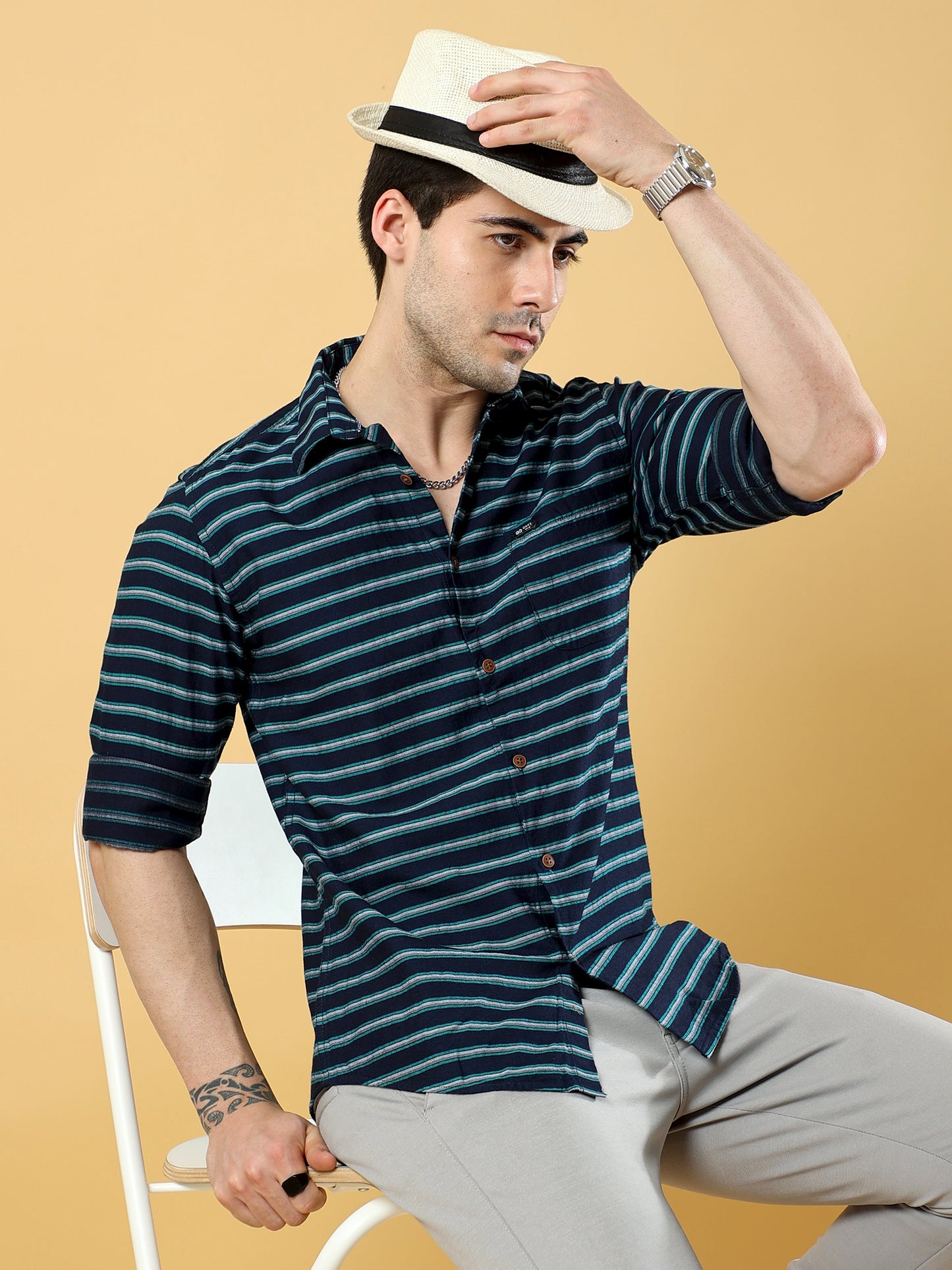 Mid Grey and Green Striped Shirt