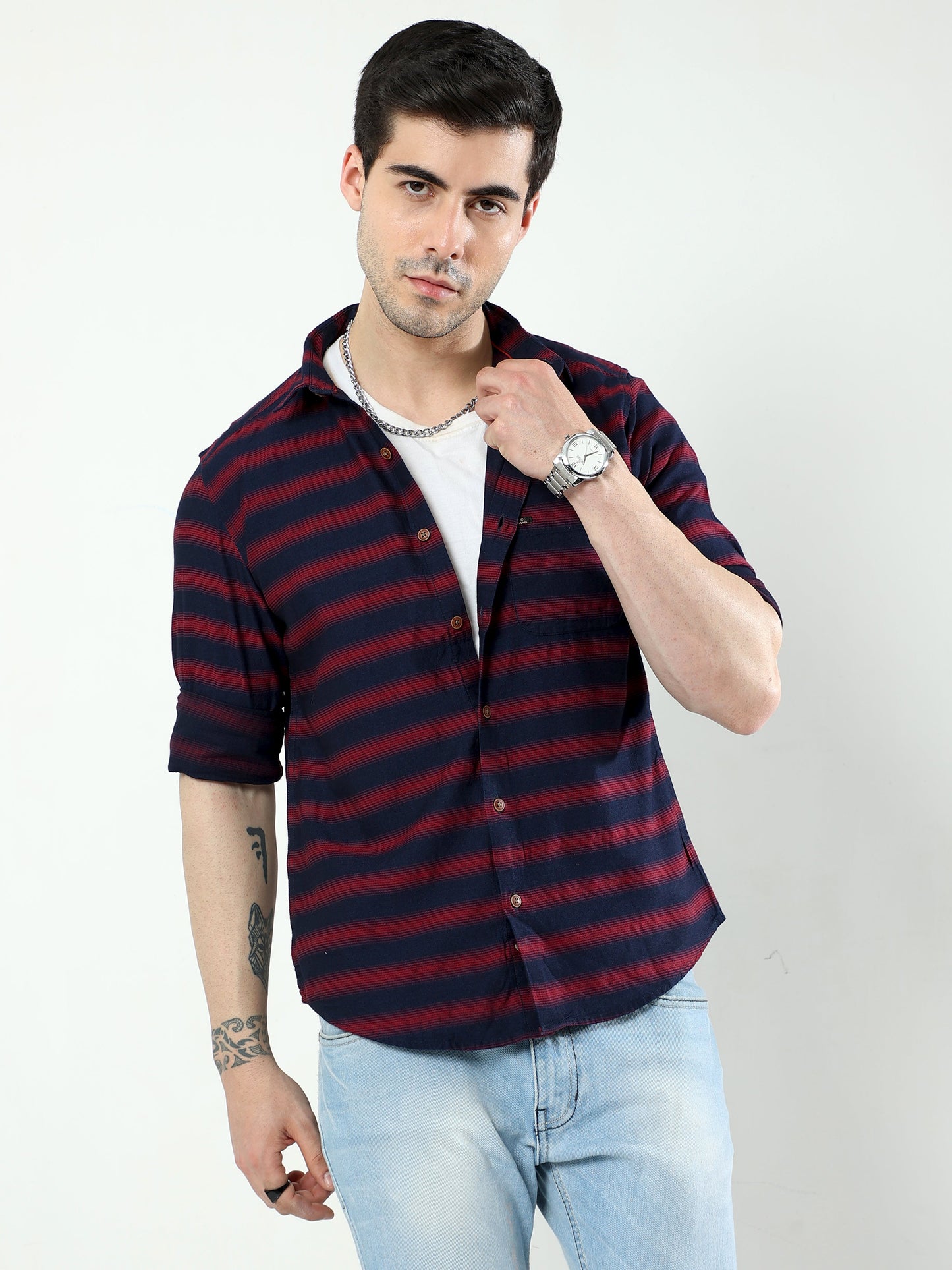 Tealish Blue and Wine Berry Striped Shirt